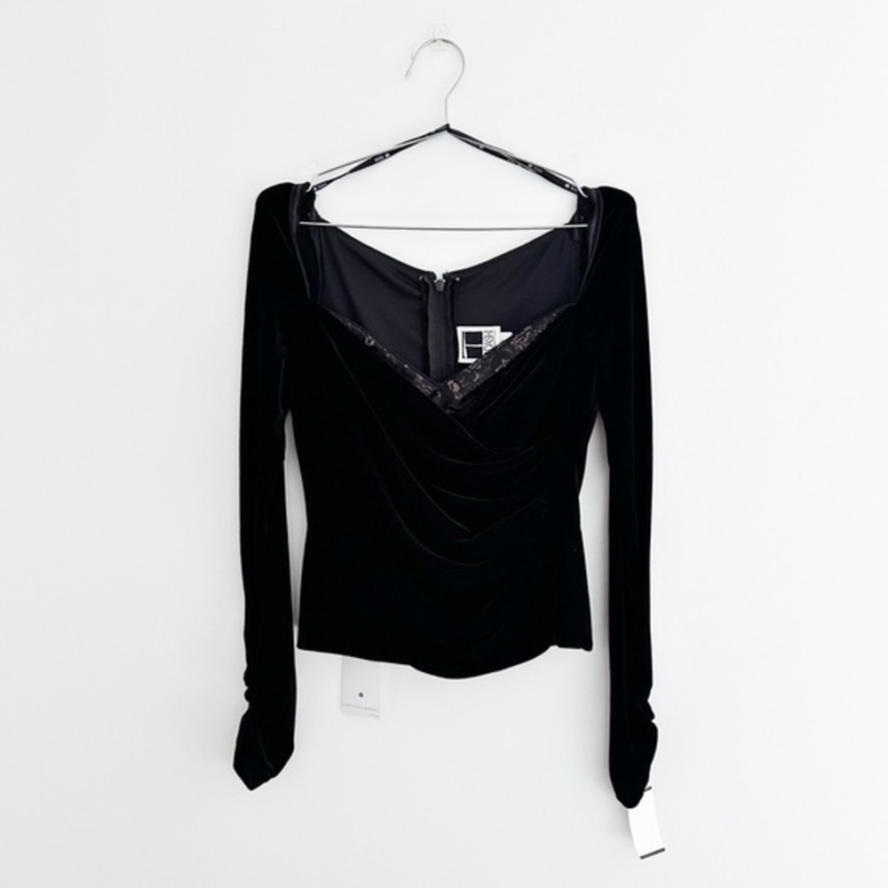 Vintage Tadashi Black Velvet & Lace Draped Long Sleeve Top NWT